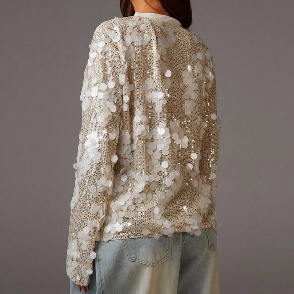 Apricot Party Women's Side Tie Loose Long Sleeve Sequin Blouse - Picture 2 of 5